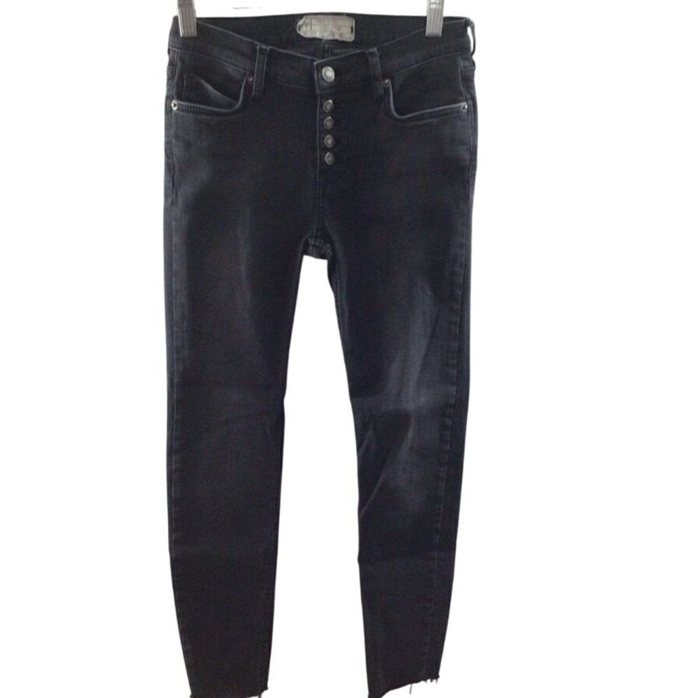SALE Free People‎ Black High Rise Button Fly Raw Hem Skinny Jeans Size 26R